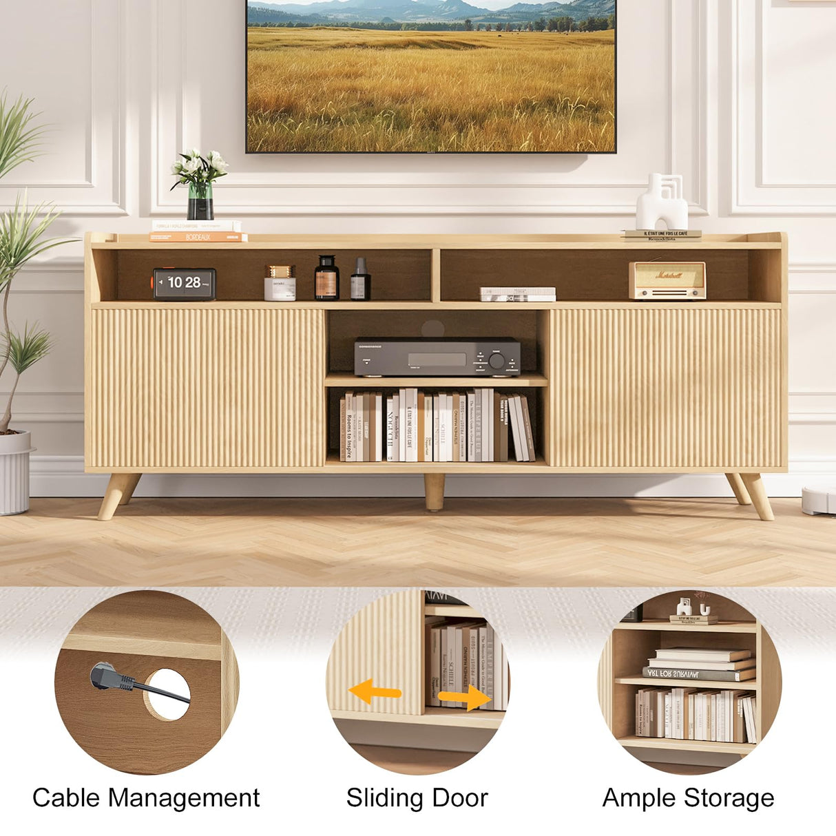 Jocoevol Fluted TV Stand for 65 Inch Boho Entertainment Center With Storage, Wood Media Console Cabinet With Shelves and Doors, Living Room Furniture for Bedroom, Natural Oak Jocoevol