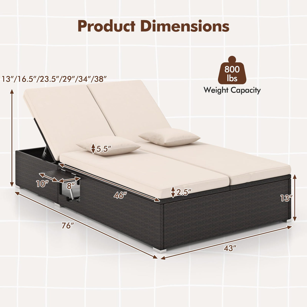HAPPYGRILL Outdoor Patio Lounge Daybed PE Wicker Double Chaise Lounge with 6-Position Adjustable Backrests, Soft Pillows & Cushions, 2-Person Reclining Sunbed with Foldable Cup Trays HAPPYGRILL