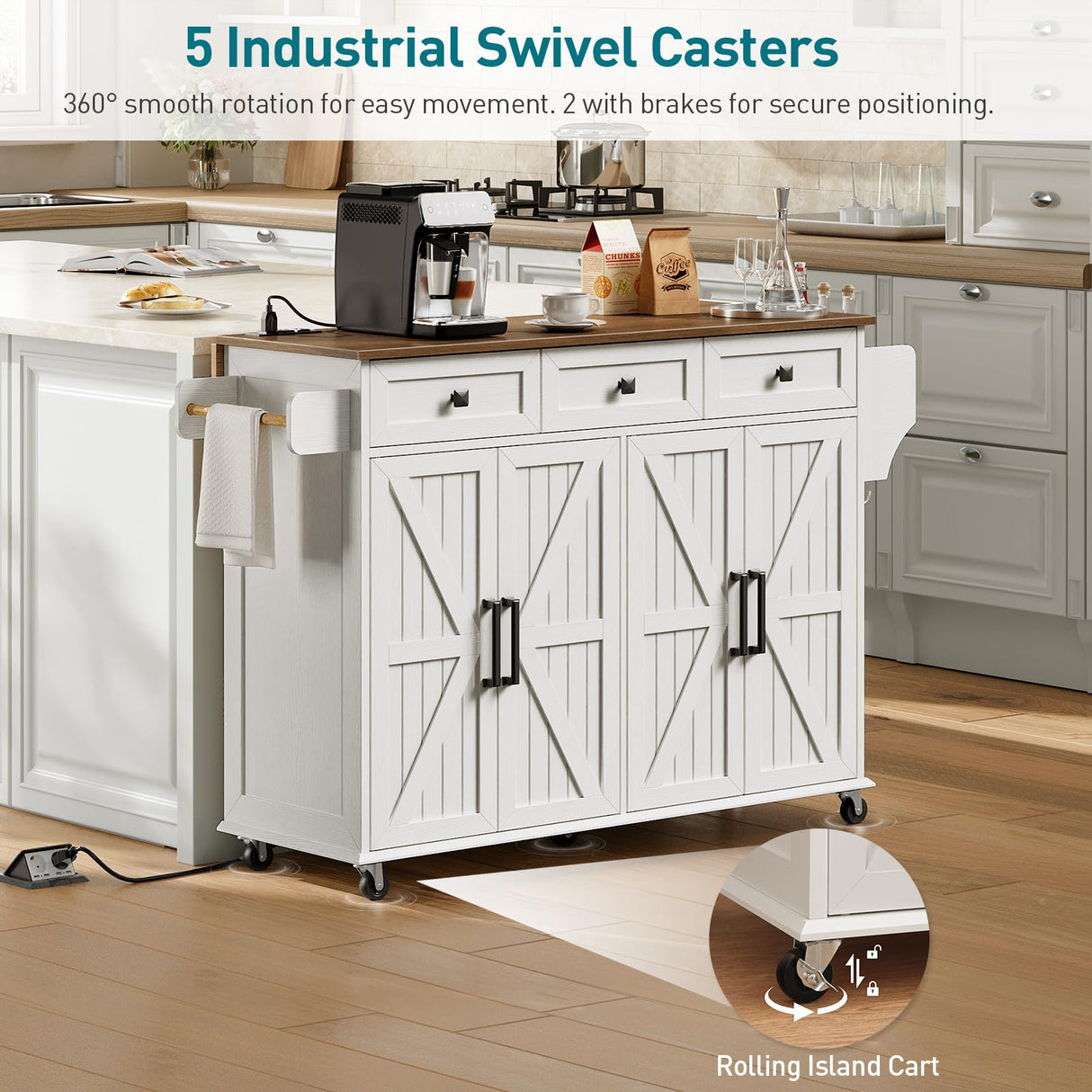 RALGEND Kitchen Island with Drop Leaf, Kitchen Cart with Charging Station, Kitchen Table with Storage, Rolling Island Table with 3 Drawers, Towel Rack and Spice Rack, White and Walnut RALGEND