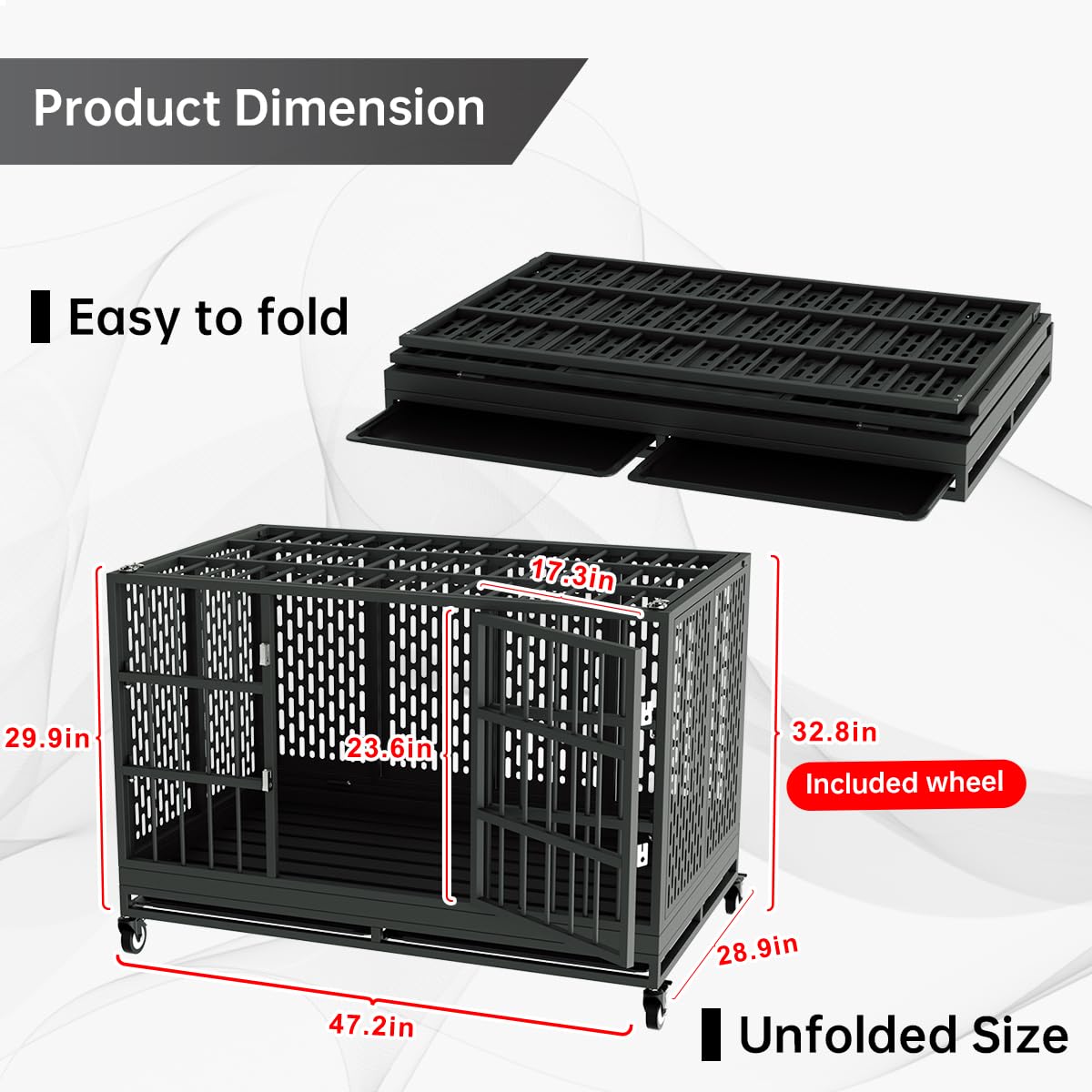 Snuowu 48 Inch Heavy Duty Dog Crate with Wheels, Folding Metal Big Dog Cage for Large and Medium Dogs, Extra Large XL XXL Indestructible Dog Crate with Removable Tray. Snuowu