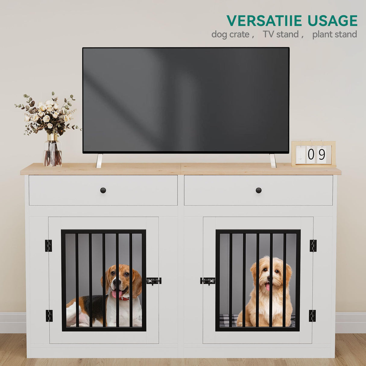 YITAHOME 60" Wooden Dog Crate Furniture with Removable Divider & Storage Drawers, Double Door Kennel with Locks for Medium and Large Dogs, Multi-Functional Dog Crate End Table for Indoor use, White YITAHOME