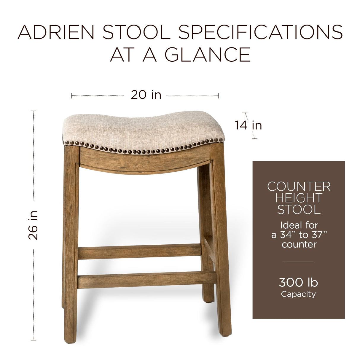 Maven Lane Adrien 26 Inch Counter Height Upholstered Backless Saddle Barstool in Natural Wood Finish with Wheat Cream Fabric Cushion Seat, Set of 2 Maven Lane