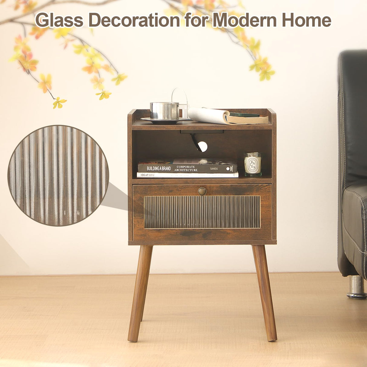 AWASEN Mid Century Night Stand with Charging Station, Wood Bedside Table with Glass Drawer, Small Modern Nightstand End Side Table with 2 Tiers Storage for Bedroom, Office(Rustic Brown) AWASEN