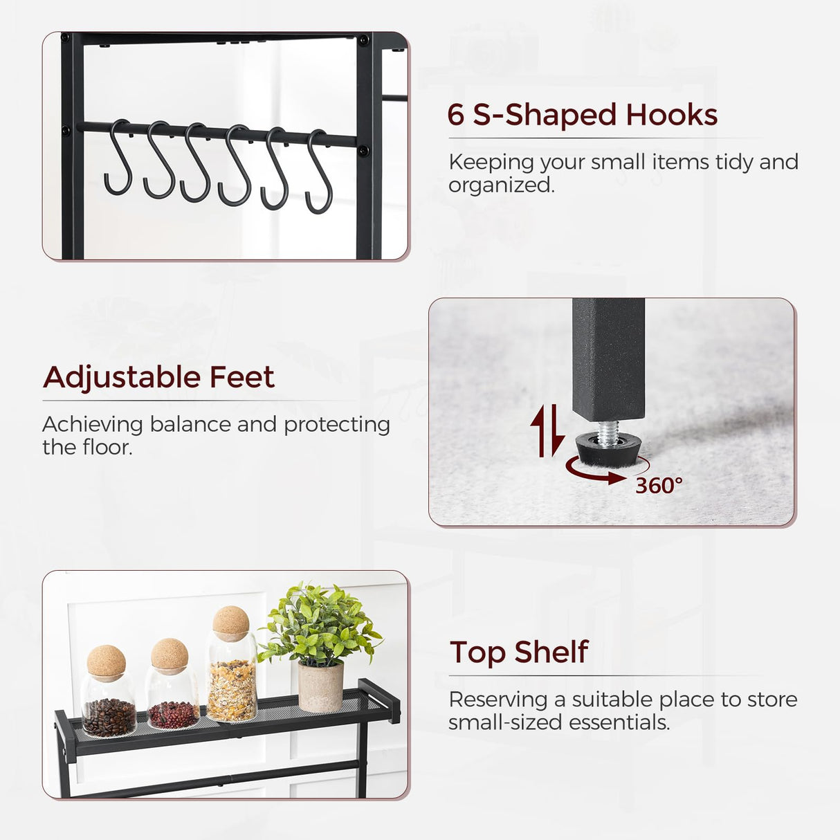 MAHANCRIS Bakers Rack with Charging Station, Microwave Stand with 6 S-Shaped Hooks, 4-Tier Storage Rack, Practical Coffee Bar, for Kitchen, Dining Room, Rustic Brown BRHR35E01 MAHANCRIS