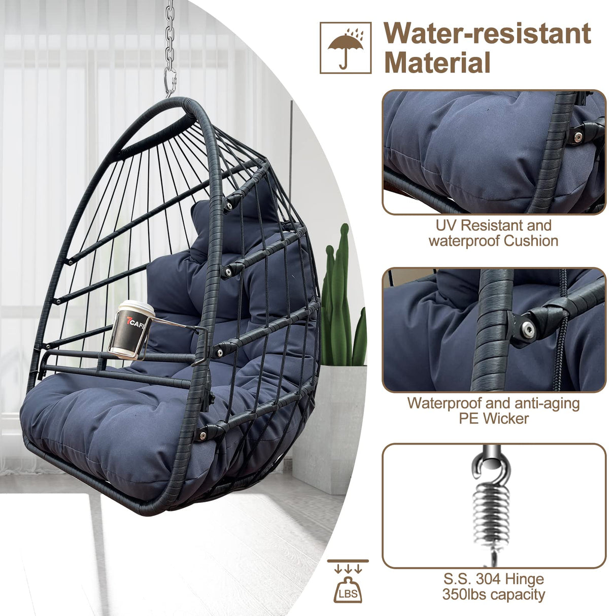 JESE Swing Hammock Egg Chairs Indoor Outdoor, UV Resistant Cushion Hanging Chair with Cup Holder, Foldable Frame 350lbs Capacity Wicker Hammock Chair for Patio Bedroom Balcony(Without Stand, Black) JESE