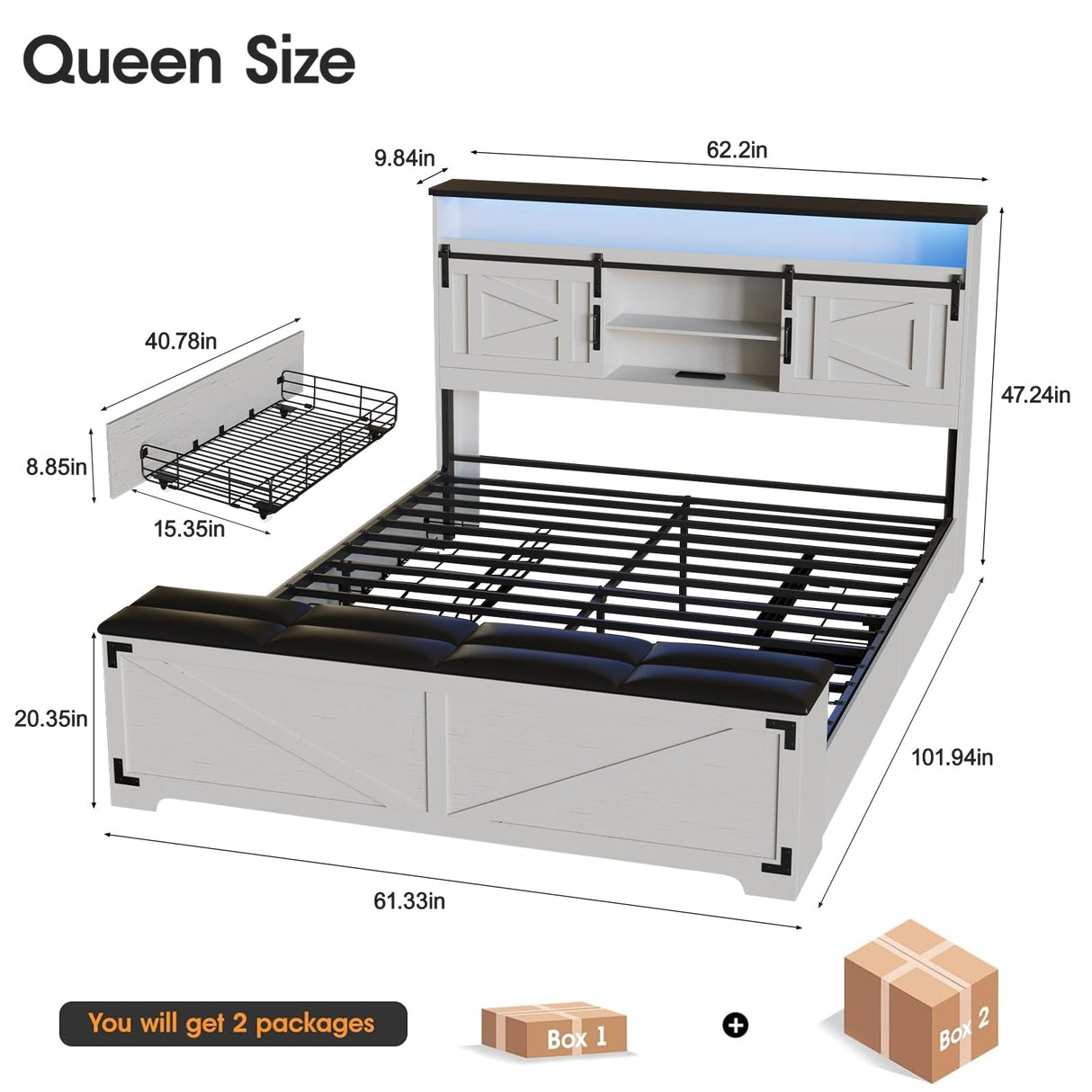 Fameill Farmhouse Queen Size Bed Frame with Headboard and Storage Ottoman, Sliding Barn Door & 4 Drawers, LED Lights and Charging Station, No Box Spring Needed, Antique White Fameill
