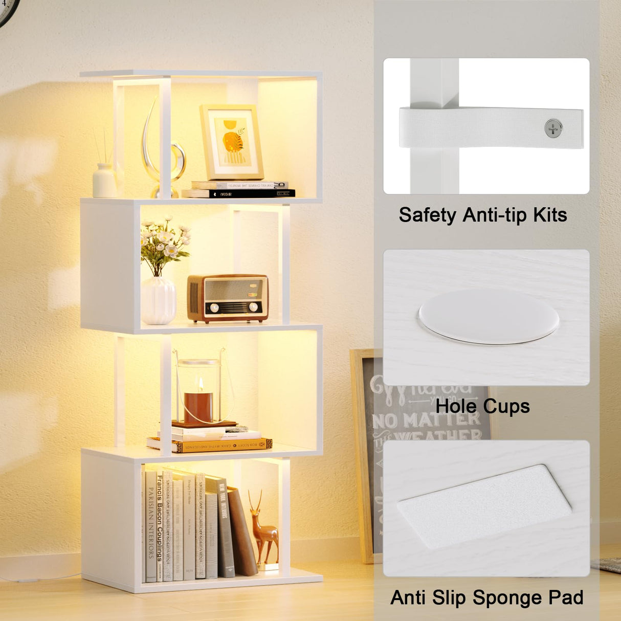 Furologee White Geometric Bookshelf with LED Light, 5 Tier S-Shaped Small Bookcase, Modern Display Standing Shelf, Metal Wooden Decorative Storage Shelves for Bedroom, Living Room, Office Furologee