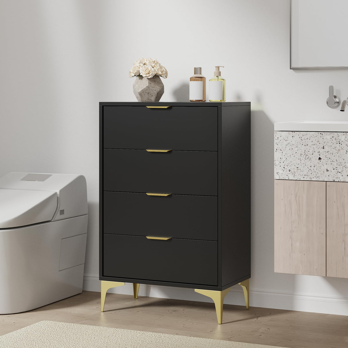 LOUVIXA Dresser for Bedroom with 4 Drawers, Wood Chest of Drawers, Dresser Storage Cabinet, 4 Drawer Dressers for Bedroom, Living Room, Entryway, Cloakroom (Black) LOUVIXA