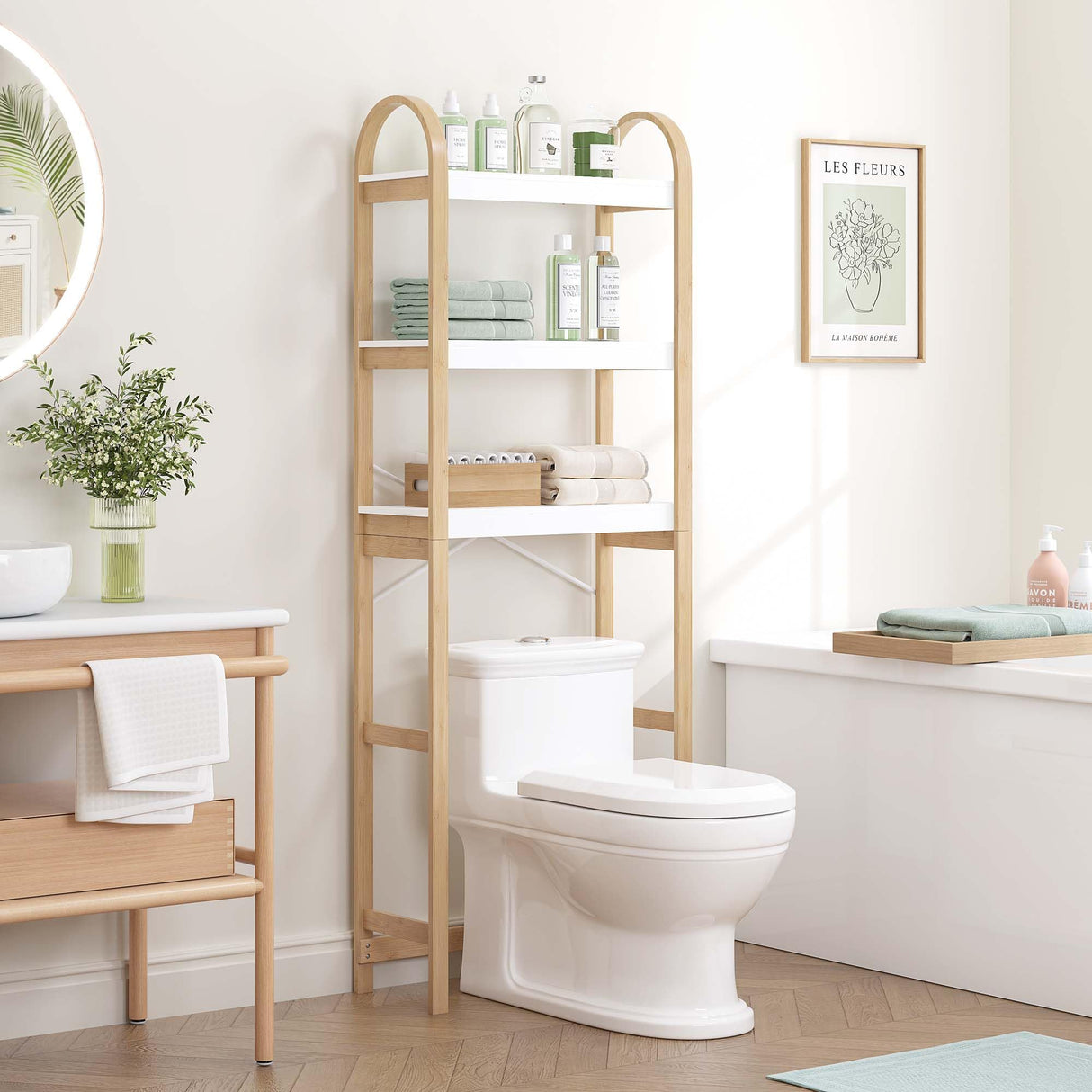 Spirich Over The Toilet Storage Shelf, 3-Tier Over Toilet Bathroom Organizer, Space-Saving Above Toilet Storage Shelf Rack with Bamboo Frame Spirich