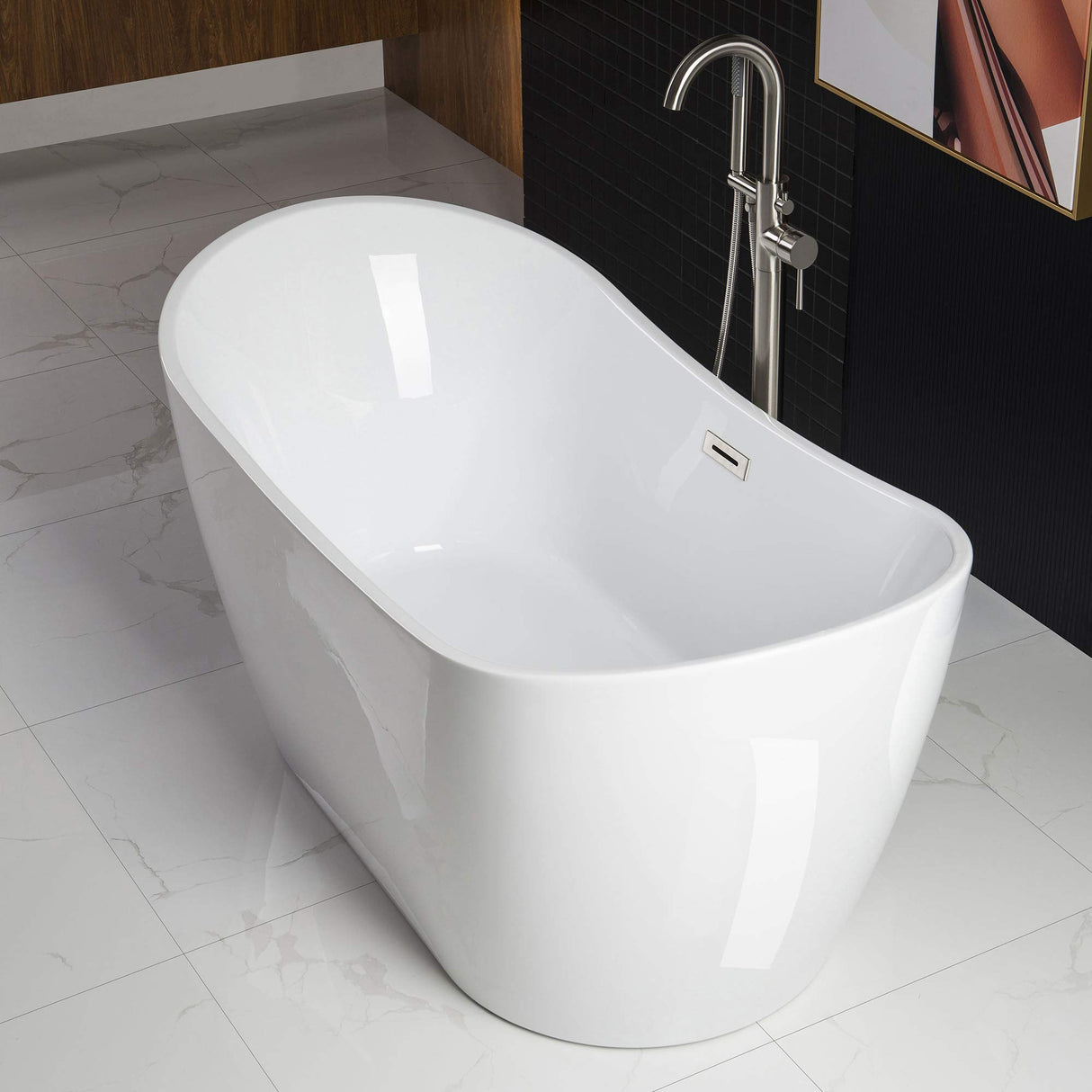 WOODBRIDGE 59" Acrylic Freestanding Bathtub Contemporary Soaking Tub with Brushed Nickel Overflow and Drain B-0016 -B/N-Drain &O WOODBRIDGE
