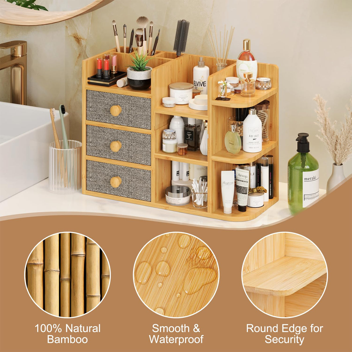Makeup Organizer Countertop, Cosmetic Skincare Organizers With 3 Makeup Brush Holders/3 Drawers/7 Storage Shelves, Elegant Bamboo Make Up Storage Organizers Holder For Counter Vanity Dresser Bathroom X-cosrack
