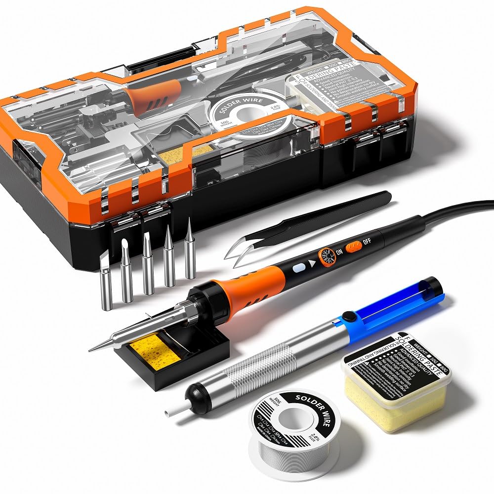 Soldering Iron Premium Kit, 60W Soldering Gun with Ceramic Heater, 12-in-1 Soldering Tool, Adjustable Temperature 200 to 450°C, Includes Soldering Iron Tip, Solder Wire, Pump and Paste MEAKEST