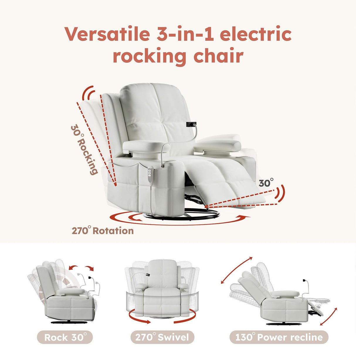 Triple Motor Power Swivel Rocker Recliner Chair with Adjustable Armrests for Adults Elderly, FSC Certified Faux Leather Rocking Chair Nursery for Breastfeeding(White) MAMAZING