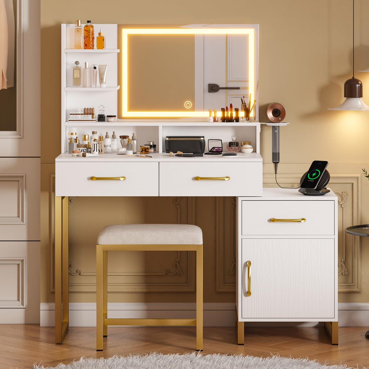 REVOMINCA Vanity Desk with Mirror and Lights, Modern Makeup Vanity with Charging Station, White & Gold Vanity Table with 3 Drawers & Cabinet, 3 Lighting Modes Brightness Adjustable, Bedroom REVOMINCA