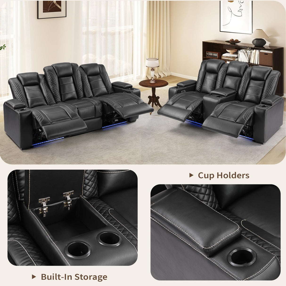 ANJ Modular Power Recliner Set: 5-Seat Home Theater Seating with 2 Loveseats (Center Console & Fixed Middle), LED Lights, USB Charging, Faux Leather for Living Room (Black) ANJ