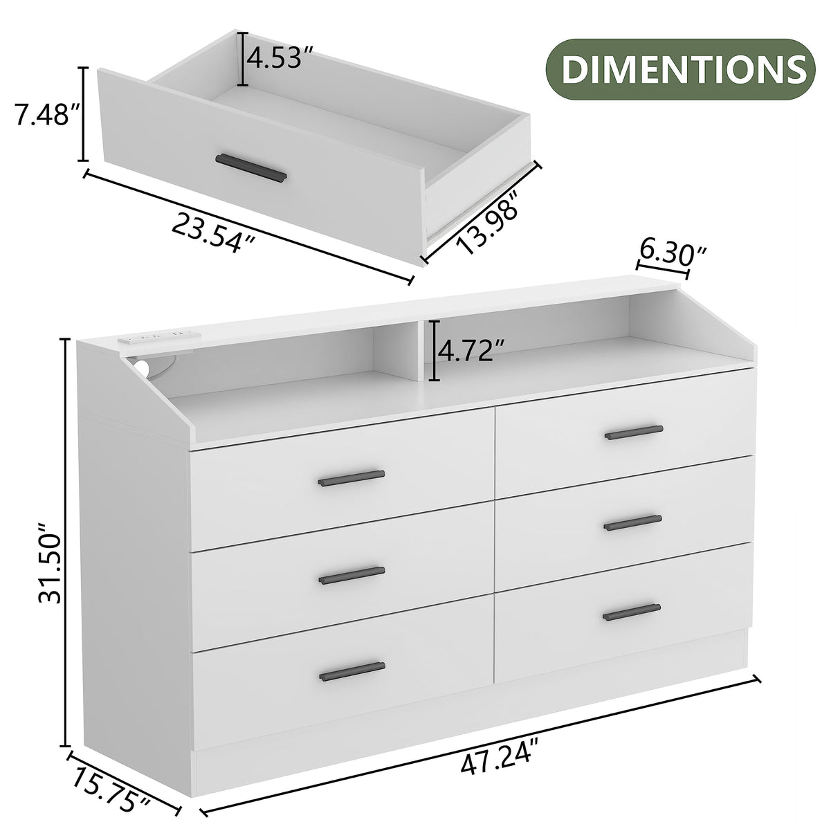 Gyfimoie 6 Drawer Dresser with Power Outlet, Chest of Drawers with LED Light, Modern Dresser with Open Storage Cubby, Double Wide Dresser Organizer for Bedroom, Living Room, Entryway, Hallway Gyfimoie