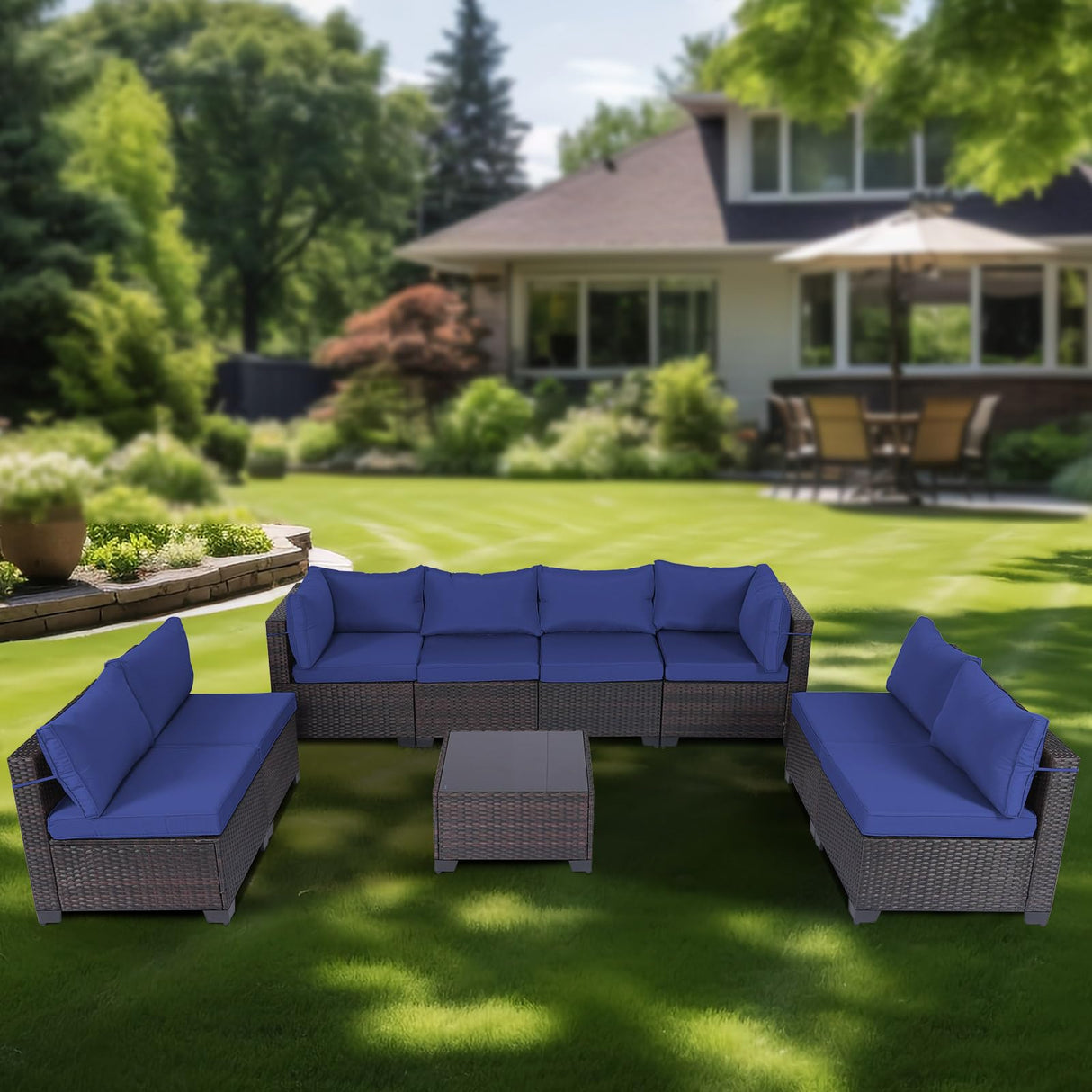 LEVELEVE 9 Pieces Outdoor Patio Furniture Sets,Rattan Conversation Sectional Set,Manual Weaving Wicker Patio Sofa with Tea Table(Dark Blue LEVELEVE