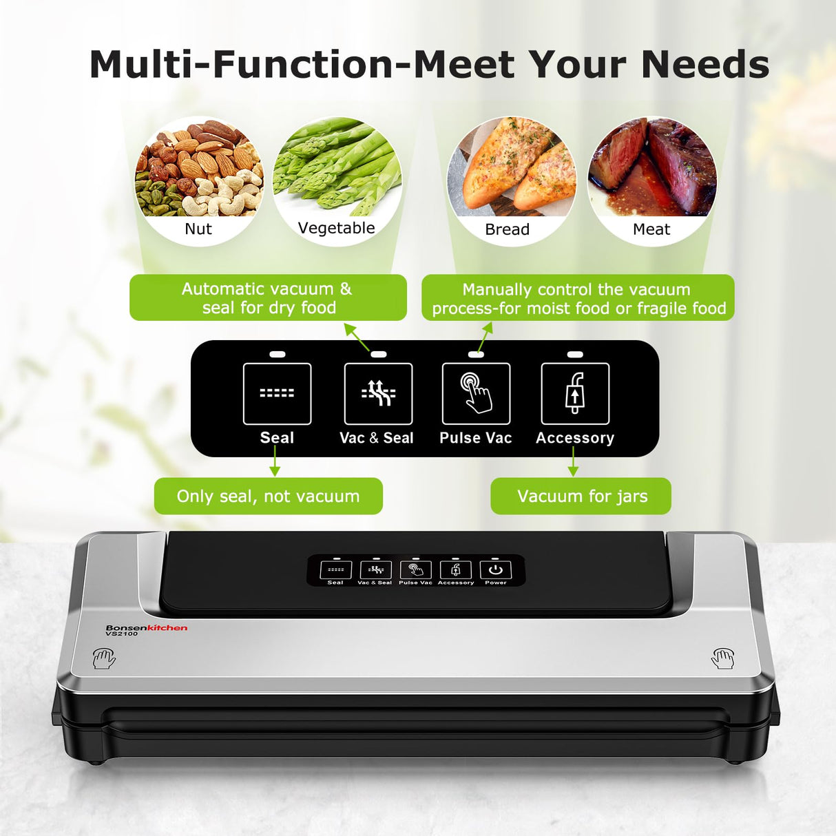 Bonsenkitchen Vacuum Sealer Machine, Fast-Compact Food Sealer, Multi-Functional Food Vacuum Sealer with 20 Vacuum Bags & 2 Roll Bags & Accessory Hose, High-Speed Continuous Working, Silver Bonsenkitchen