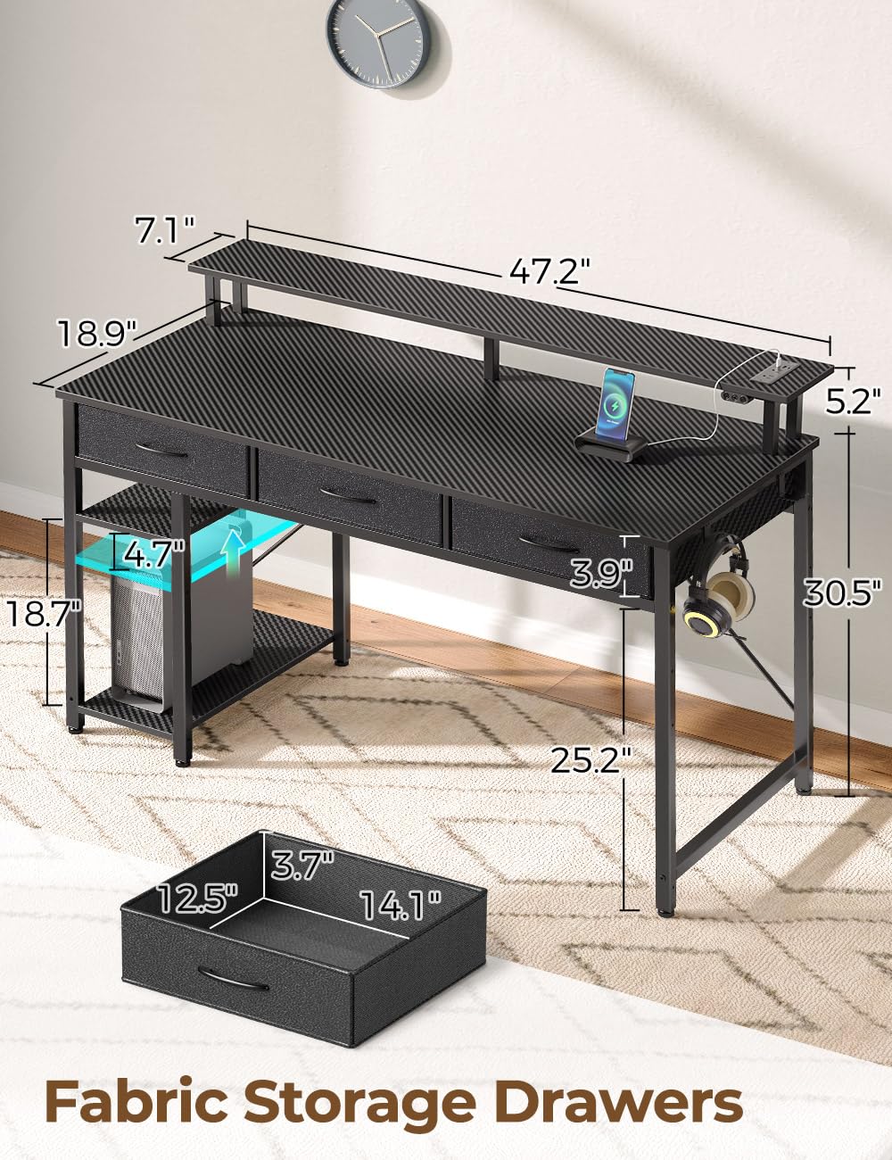 Rolanstar Computer Desk with Power Outlets & LED Light, 47 inch Home Office Desk with 3 Drawers and Storage Shelves, Writing Desk with Monitor Stand, Modern Work Desk for Home Office, Carbon Black Rolanstar