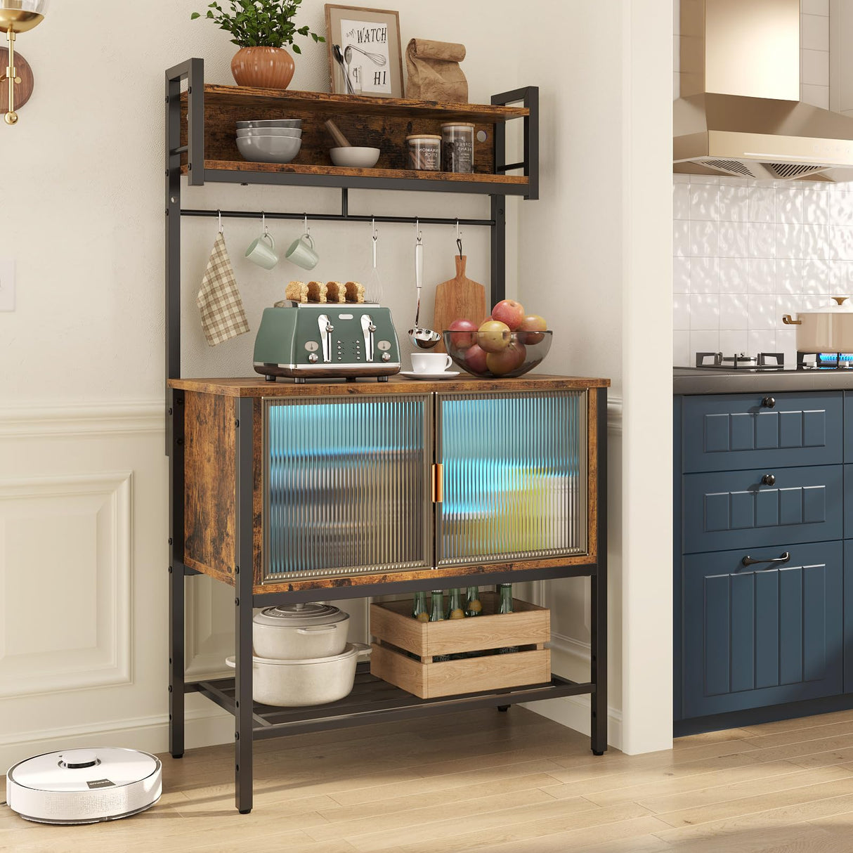 Rustic Chic 5-Tier Bakers Rack with Storage Cabinet and LED Lighting Bestier