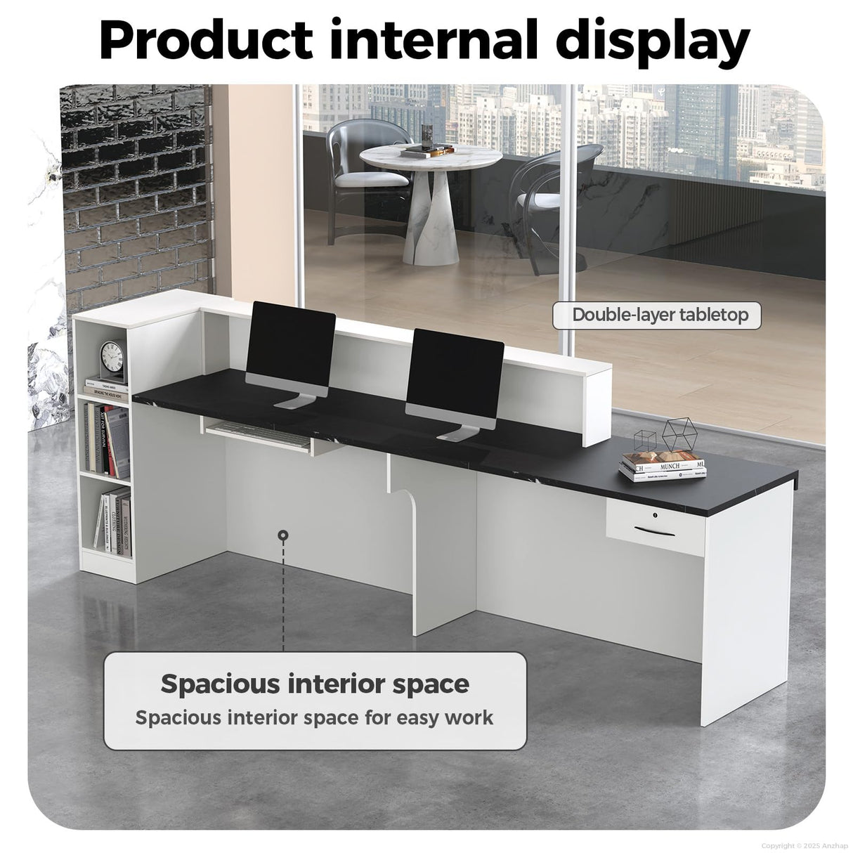 Anzhap L-shaped Standing Reception Desk with LED Lights, Front Desk Reception Counter with Drawer, Open Storage Cabinets for Office, Salon, Lobby (Black Grain + White Grain/Left, 71"L * 24"W * 39"H) Anzhap