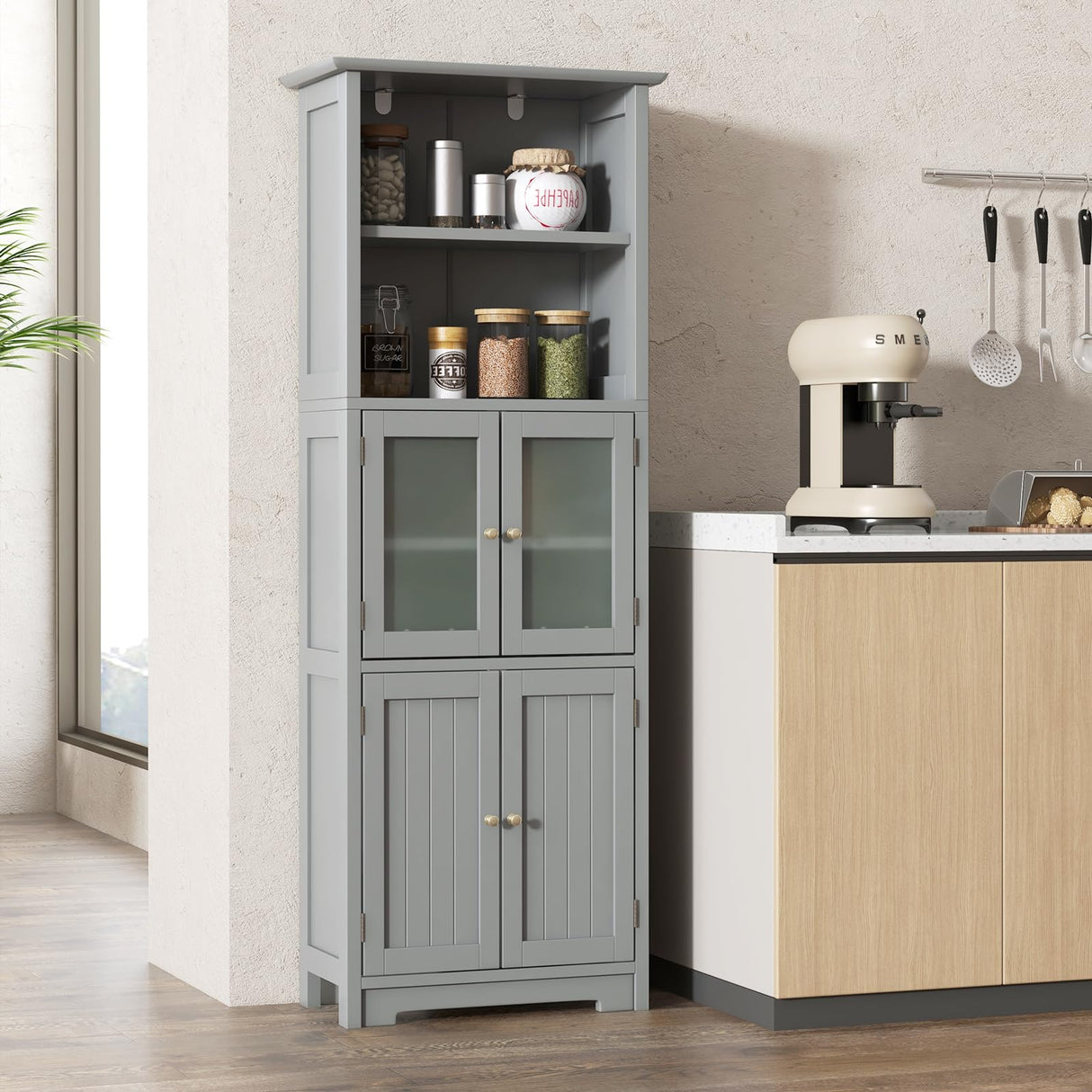 COSTWAY 64” Grey Freestanding Bathroom Storage Cabinet with Glass Doors and Adjustable Shelves COSTWAY
