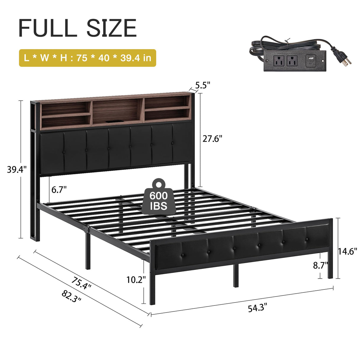 VECELO Farmhouse Metal Bed Frame Full Size with Wooden Headboard & Footboard, Solid Platform Mattress Foundation with Storage, LED Light, Charging Station, USB Ports, Noise-Free, Easy Assembly, Black VECELO