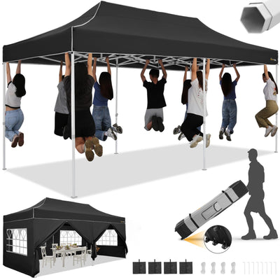 HOTEEL 10x20 Heavy Duty Pop Up Canopy Tent with Sidewalls, Commercial Outdoor Canopy Tents for Parties Event Wedding with Roller Bag, Waterproof & UV 50+, Upgraded Thickened Hexagonal Legs, Black