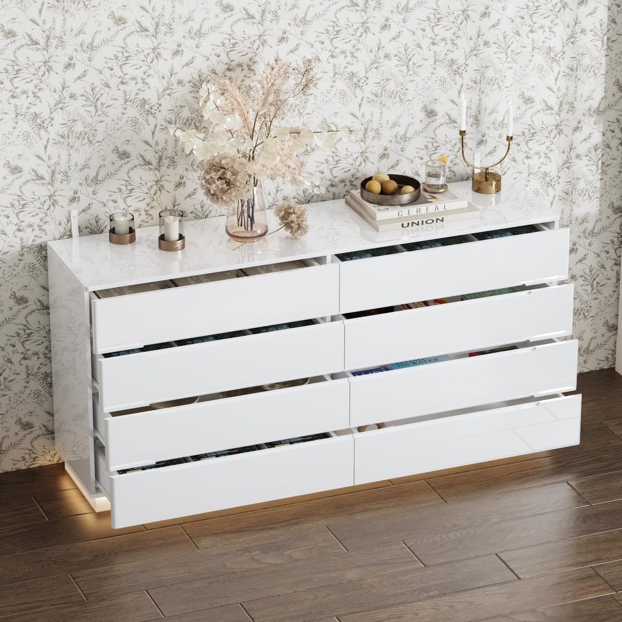 ROMSHINE White Drawer Dresser with LED Light, Modern High Gloss Dresser with 8 Drawers, 63" Long Dresser Double Dresser Storage Chest of Drawer for Bedroom, Living Room, Entryway ROMSHINE