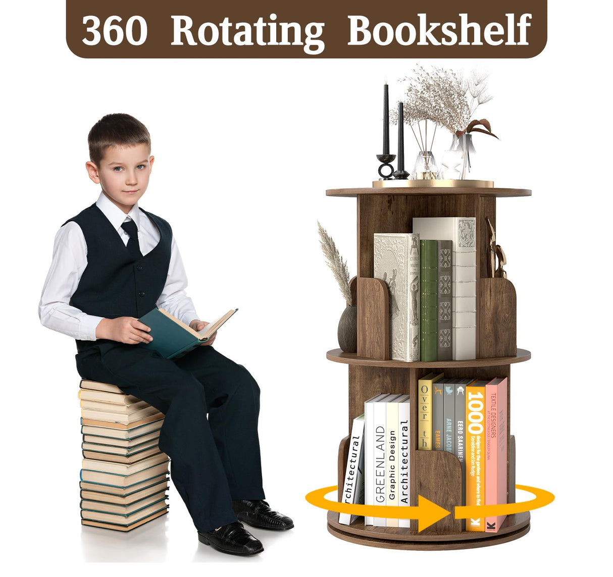 Suuiwau 2-Tier Rotating Bookshelf, 360° Spinning Corner Bookcase Space-Saving Storage Rack for Living Room, Bedroom, Office, Kids Room Suuiwau