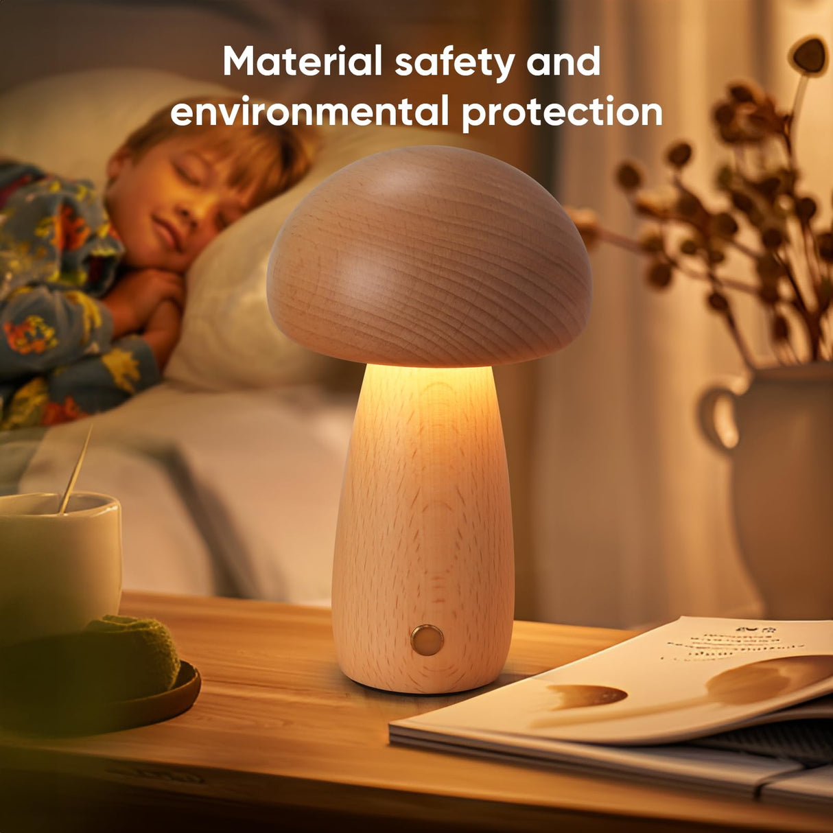 LONRISWAY Wooden Mushroom Lamp for Bedroom, Portable Cordless Small Rechargeable Battery Operated Lamp,Stepless Dimming, Night Light for Birthday Gifts LONRISWAY