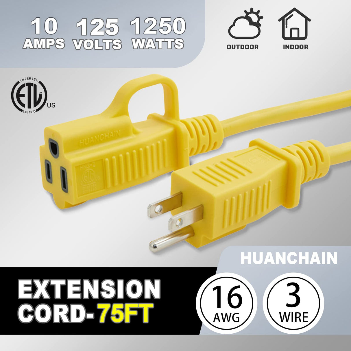HUANCHAIN Outdoor Extension Cord 75 Foot Waterproof, 16/3 Gauge Flexible Cold-Resistant Appliance Extension Cord Outside, 10A 1250W 16AWG SJTW, 3 Prong Heavy Duty Electric Cord Yellow, ETL huanchain