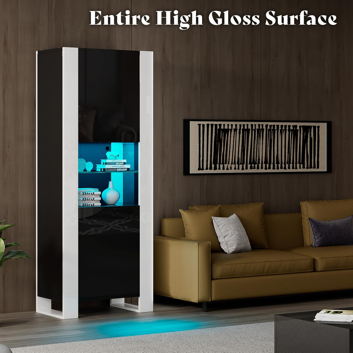 AMERLIFE Modern LED Bookcase, 68in Storage Cabinet with 6 Tiers for Storage & 3 Adjustable Shelves, High Glossy Display Case for Living Room, Home Office, Study Room, Black AMERLIFE