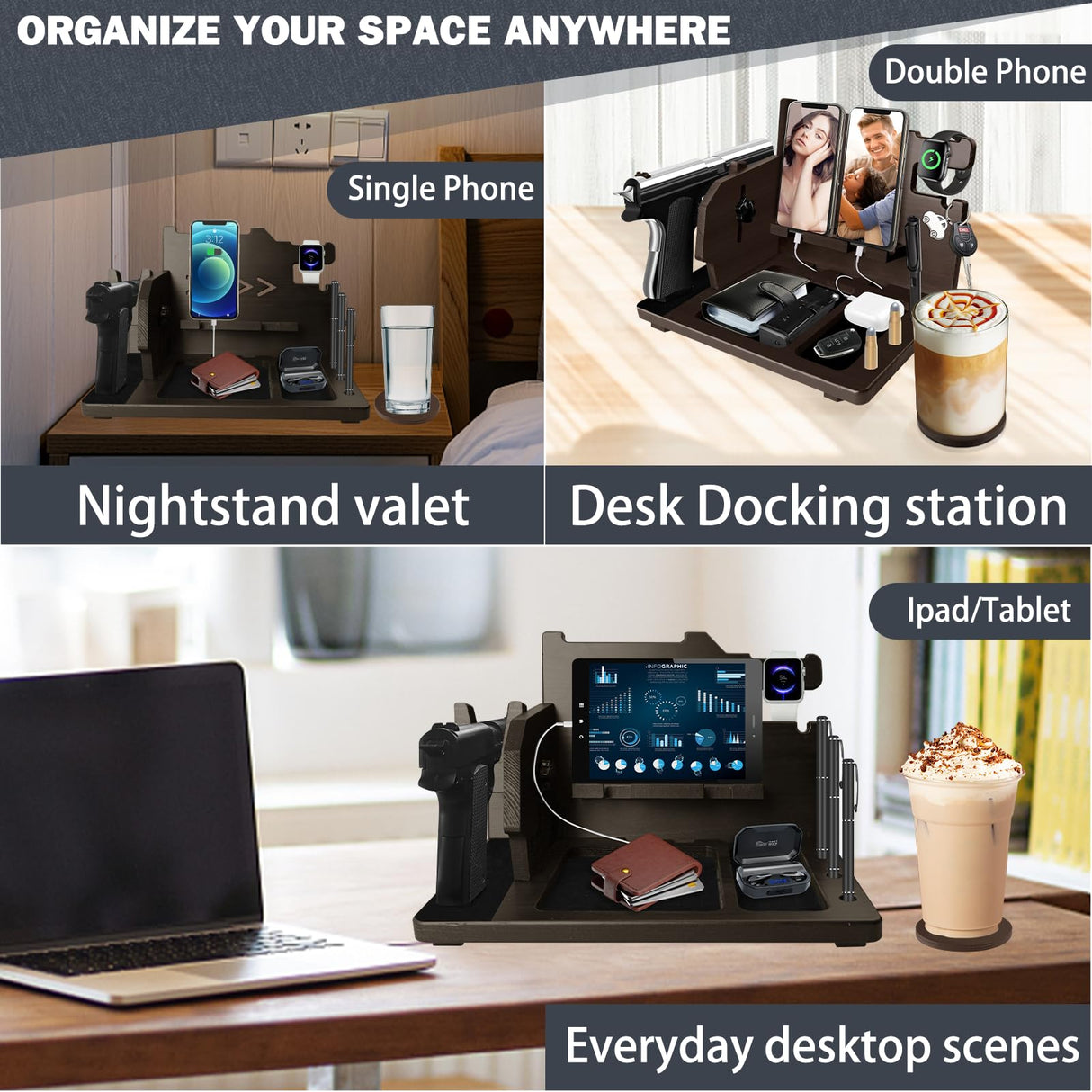 LMDGDS Wood Gun Rack Phone Docking Station, Nightstand Charging Organizer with Pistol Rack for Gun Safe, Key Holder Watch Wallet Stand Birthday Gift for Him Men Husband Dad Boyfriend LMDGDS