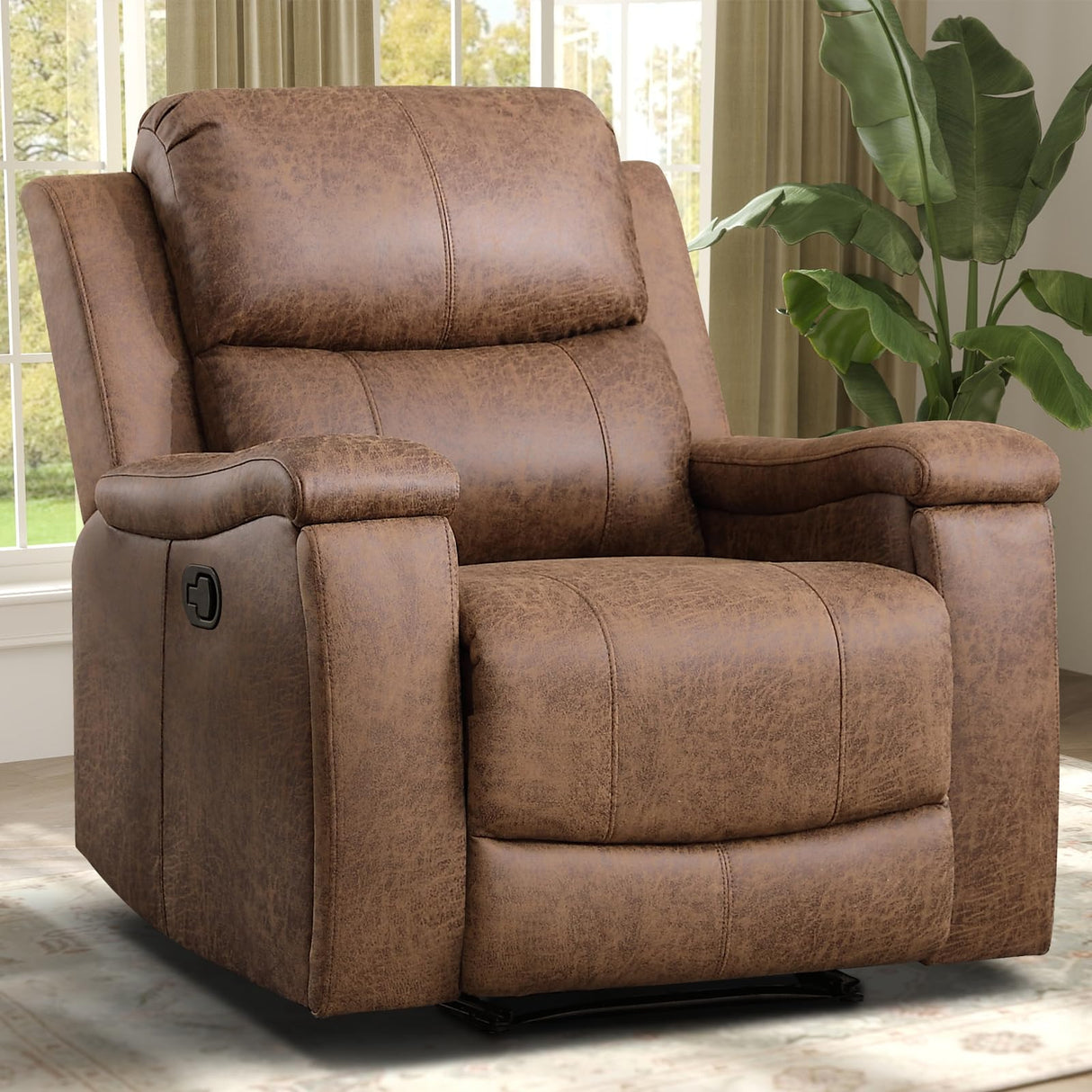 IOMOR Leather Recliner Chair, Manual Recliner Chair for Adults with Overstuffed Arms and Back, Single Sofa Recliner with Cup Holders for Living Room (1, Nut Brown) IOMOR
