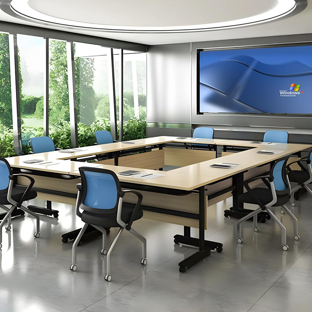 55in conference table,modern wood color office folding Flip Top Mobile Training Table With chair 55"D x 23.6"W x 29.5"H with wheels is convenient suitable for office meeting room classroom use (3Pcs ) Ptosziav