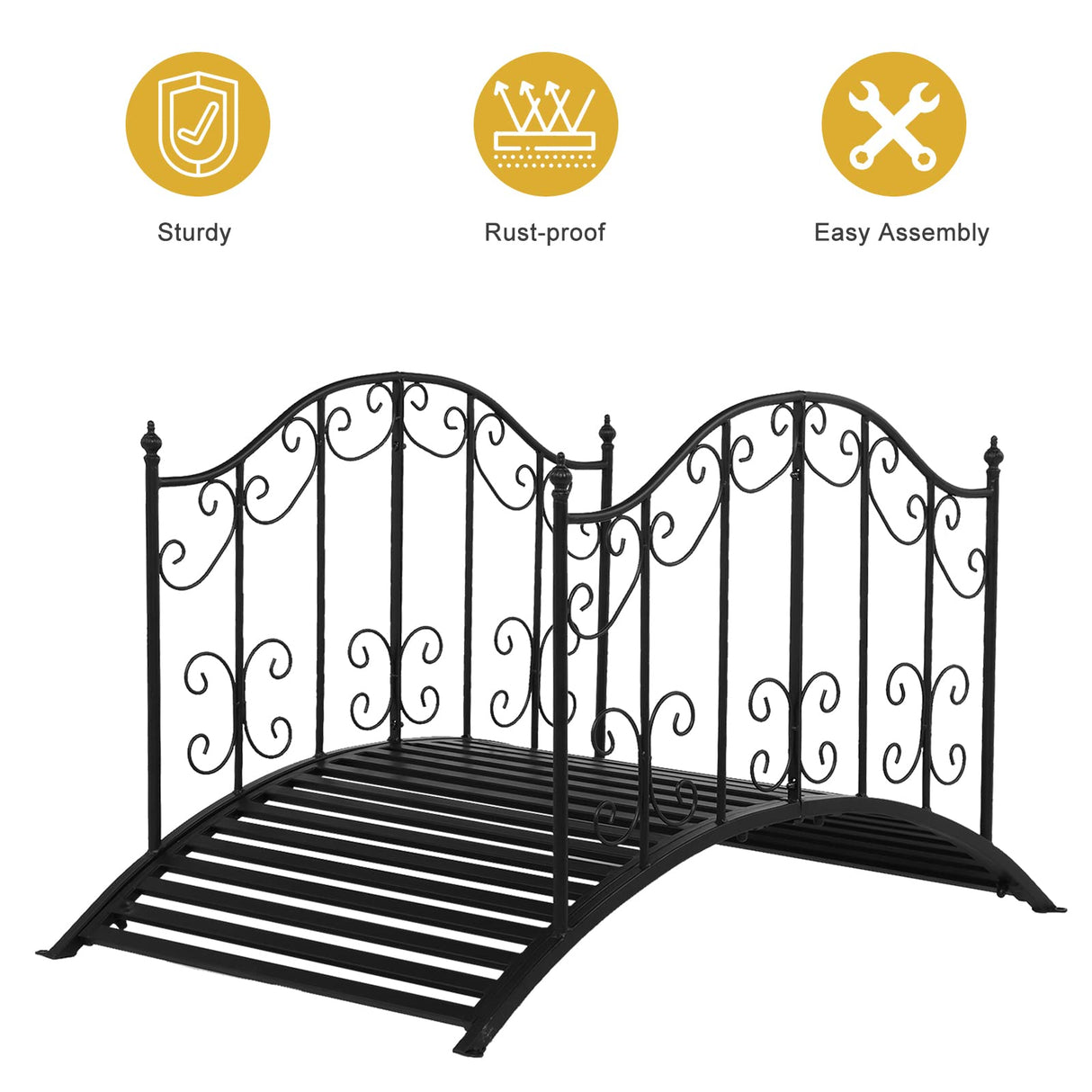 VINGLI Garden Bridge Metal Yard Arch Path Bridge with Patterned Guardrails, Ourdoor Decorative Black Iron Foot Bridge for Pond and Backyard Landscaping-4FT VINGLI