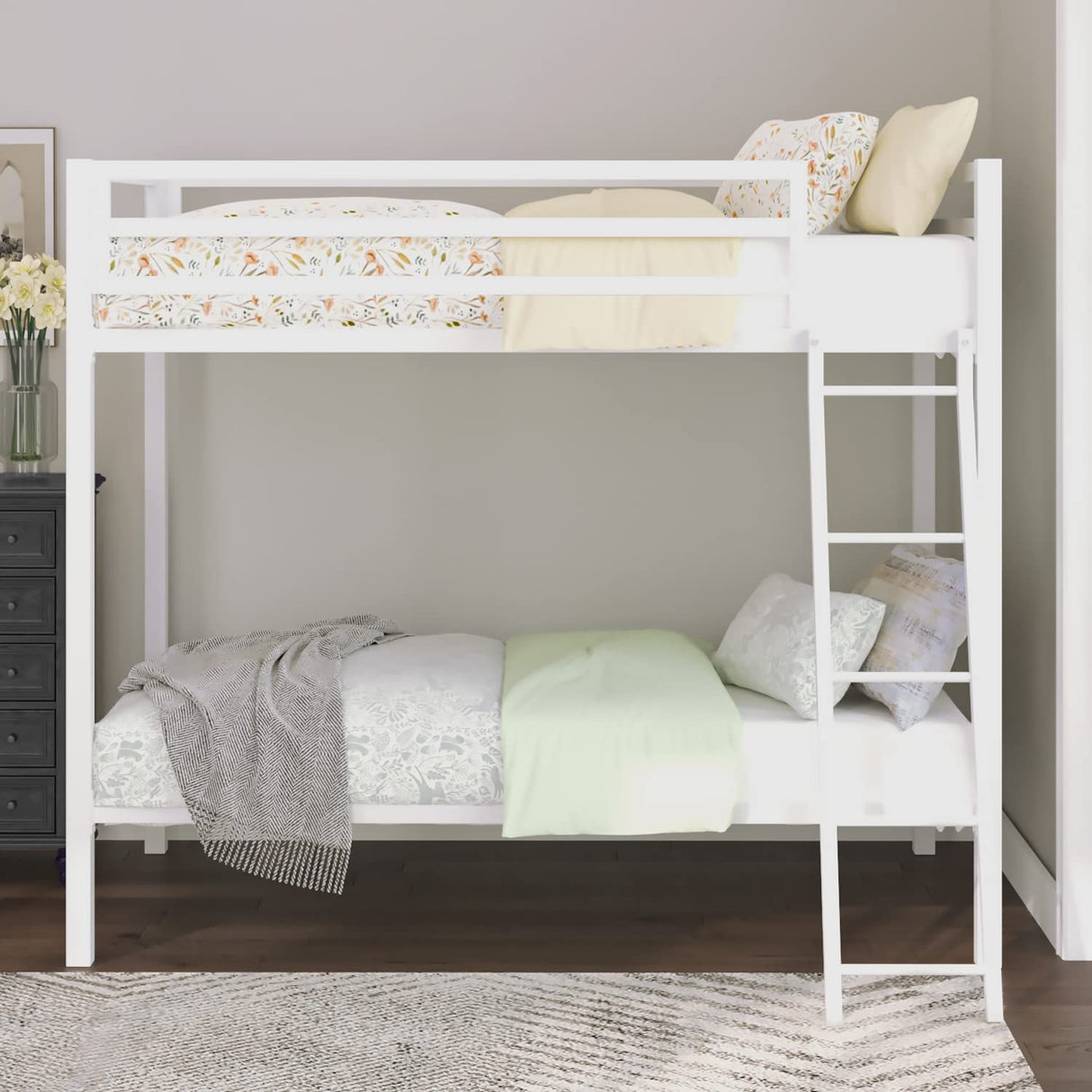 Allewie Metal Bunk Bed Twin Over Twin Size for Junior & Adults with Ladder and Heavy Duty Guardrail, Small Space Saving Design for Bedroom Kid Room and Dorm, White Allewie