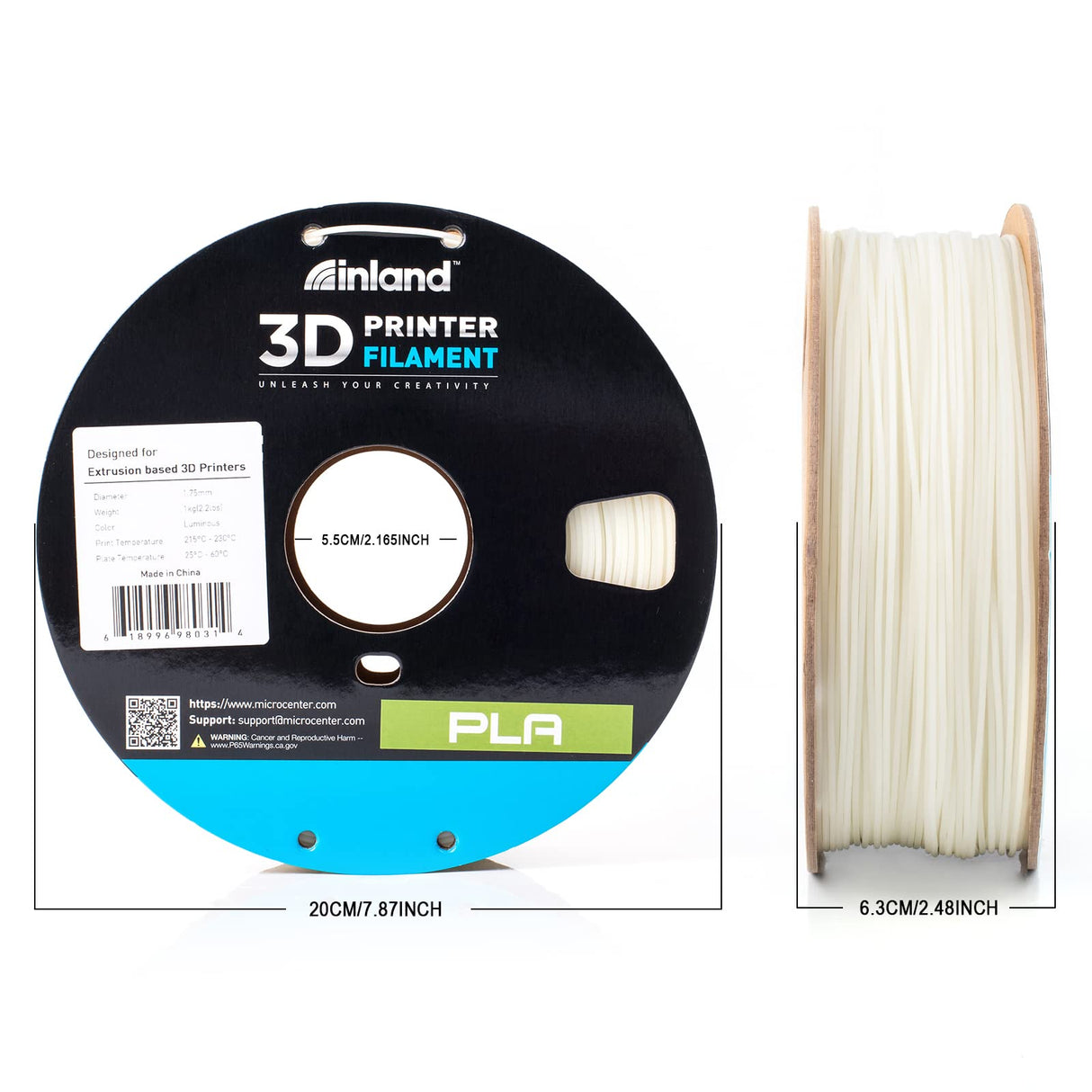 INLAND PLA Filament 1.75mm - Glow in The Dark Light Green PLA 3D Printer Filament, Dimensional Accuracy +/- 0.03mm - 1kg Cardboard Spool (2.2 lbs) – FDM 3D Printing INLAND