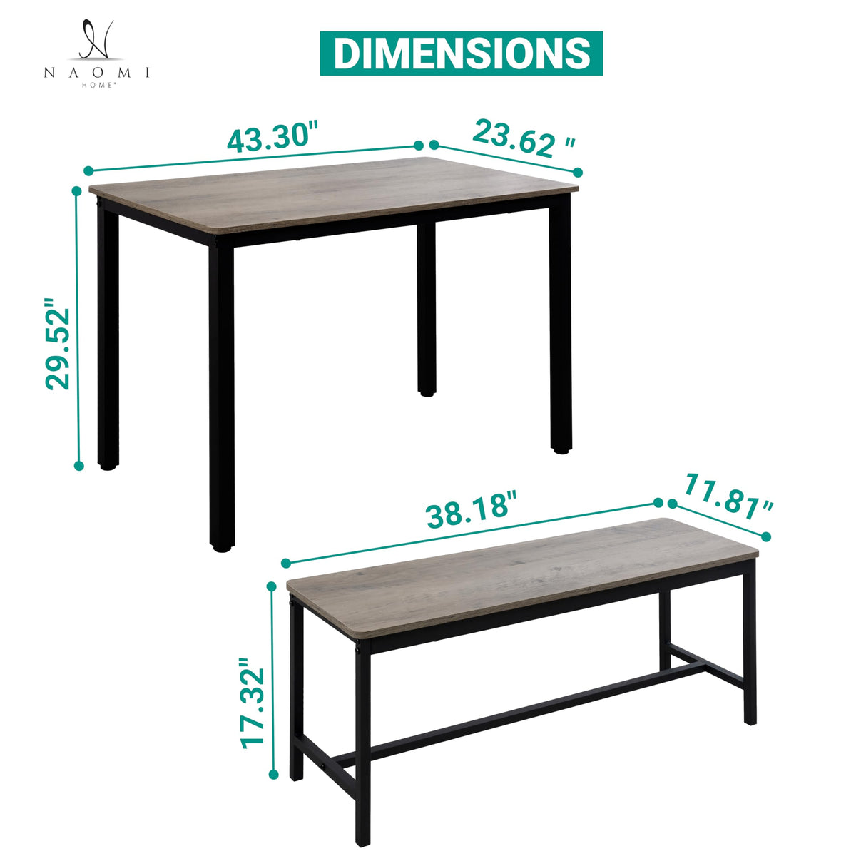 Naomi Home Paola 3-Piece Dining Table Set with 2 Benches – Compact Kitchen Table with Space-Saving Slide-Under Seating, Gray Engineered Wood Top & Steel Frame, Ideal for Apartments & Small Spaces Naomi Home