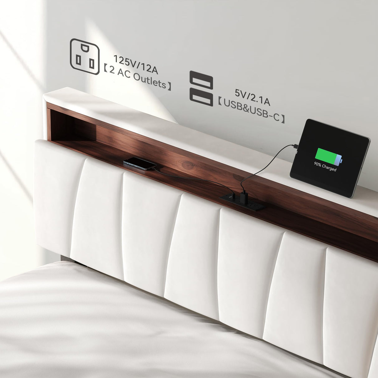 DWVO Queen Size Bed Frame with Storage, LED Headboard, Platform Bed with Outlet & USB Ports, No Box Spring Needed, Easy Assembly (Beige) DWVO