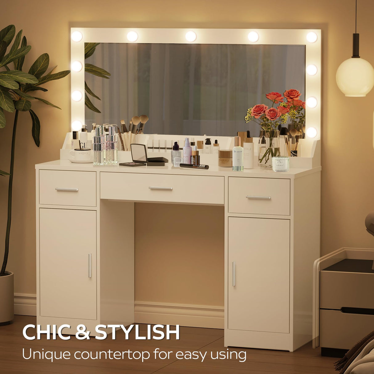 MIRROTOWEL 47.5” Vanity Desk with Large Mirror, 3 Colour Lighting Modes, Adjustable Brightness, Dresser with 3 Drawers & 2 Vertical Cabinets, Makeup Vanity Table for Women Girls White MIRROTOWEL