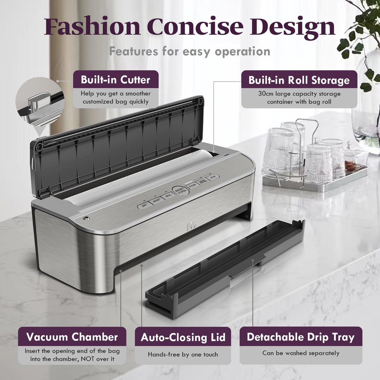 Mesliese Vacuum Sealer Machine, 85kPa 120W Automatic Food Sealer, Powerful Sealing System, Build-in Cutter | Bags Storage | Moist Mode and Air Suction Hose | 2 Bag Rolls and 5pcs Pre-cut Bags Mesliese