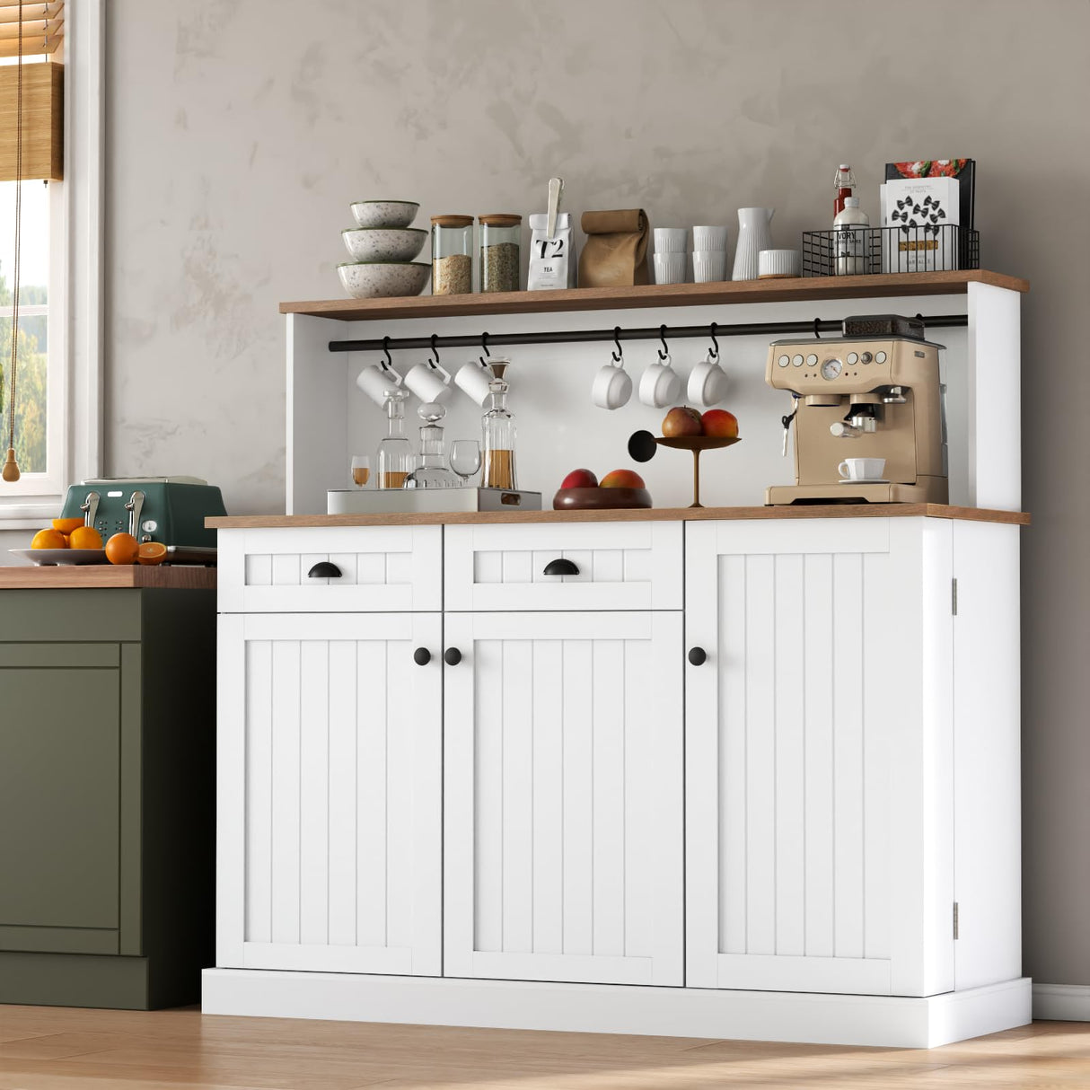Gyfimoie Sideboard Buffet Cabinet with 2 Drawers, Farmhouse Kitchen Pantry with Adjustable Shelves, Coffee Bar Cupboard Cabinet with 3 Doors for Kitchen, Dining Room (White) Gyfimoie