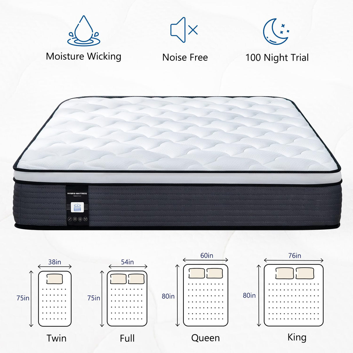 14 Inch Twin Mattress, Memory Foam Hybrid Mattress, Motion Isolation Pocket Spring Mattress in a Box, Medium Firm for Pressure Relief, Breathable Pillow Top, CertiPUR-US Certified Marine Moon