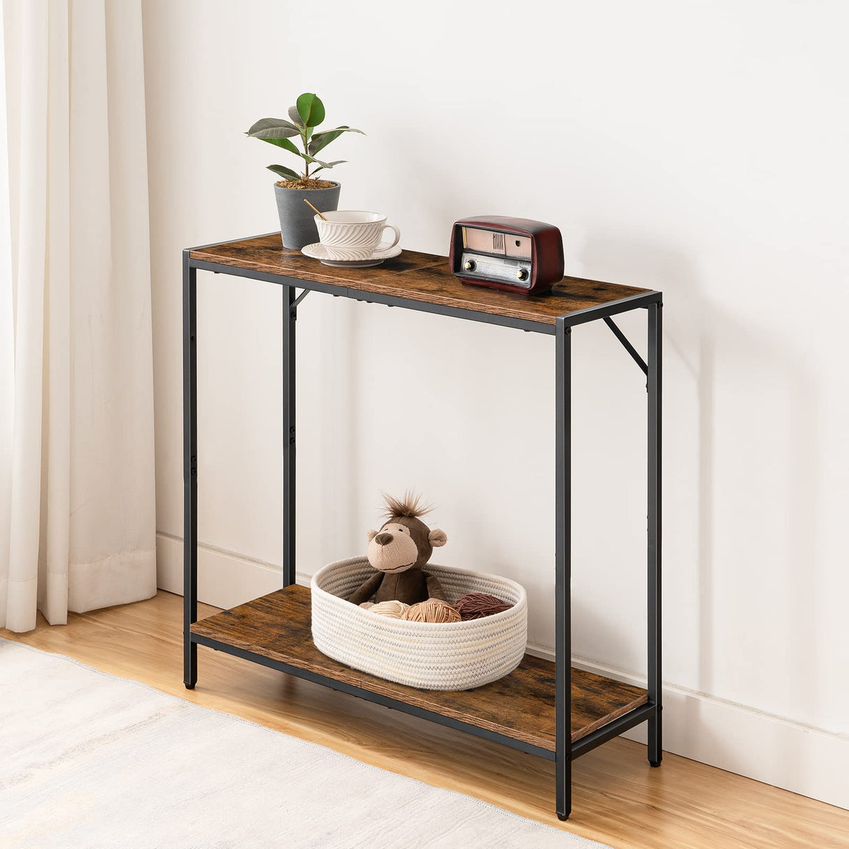 MAHANCRIS Console Table, 2-Tier Entrance Table, Behind Sofa Table, Industrial Style, Sturdy and Stable, for Living Room, Entryway, Foyer, Corridor, Office, Rustic Brown and Black CTHR27601 MAHANCRIS