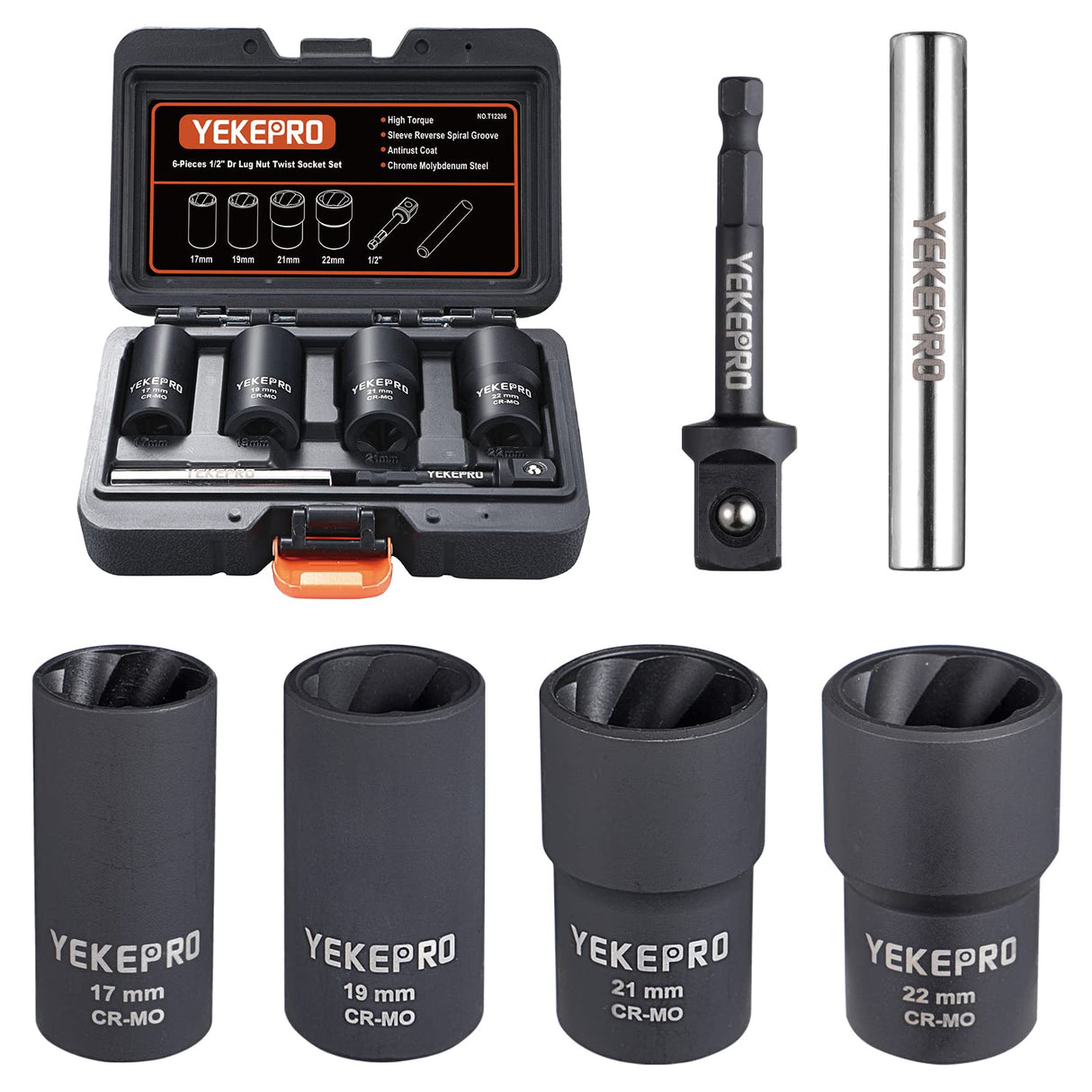 YEKEPRO 6 PCS Lug Nut Removal Tool, 1/2-inch Drive Impact Twist Socket Set & Bolt Extractor Set, Wheel Lock Removal Kit for Removing Damaged, Frozen, Rusted, Nuts & Screws, Cr-Mo Steel, T12206 YEKEPRO