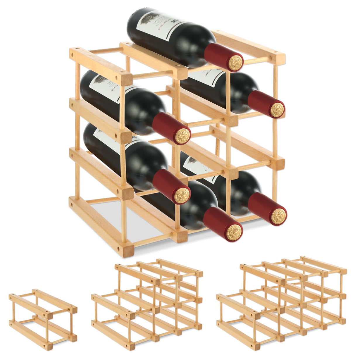 Wooden Wine Rack, 12-Bottle Stackable Wooden Wine Rack, Stackable Modular Wine Storage Racks, DIY Assembly Wine Bottle Holder for Inside Cabinet and Countertop Wensdr