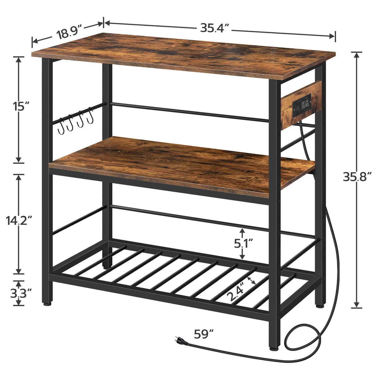 HOOBRO Kitchen Island with Storage, Kitchen Island Table with Power Outlet, 3 Tier Coffee Station and Microwave Stand, for Home, Kitchen and Dining Room, Rustic Brown BF021ZD01 HOOBRO