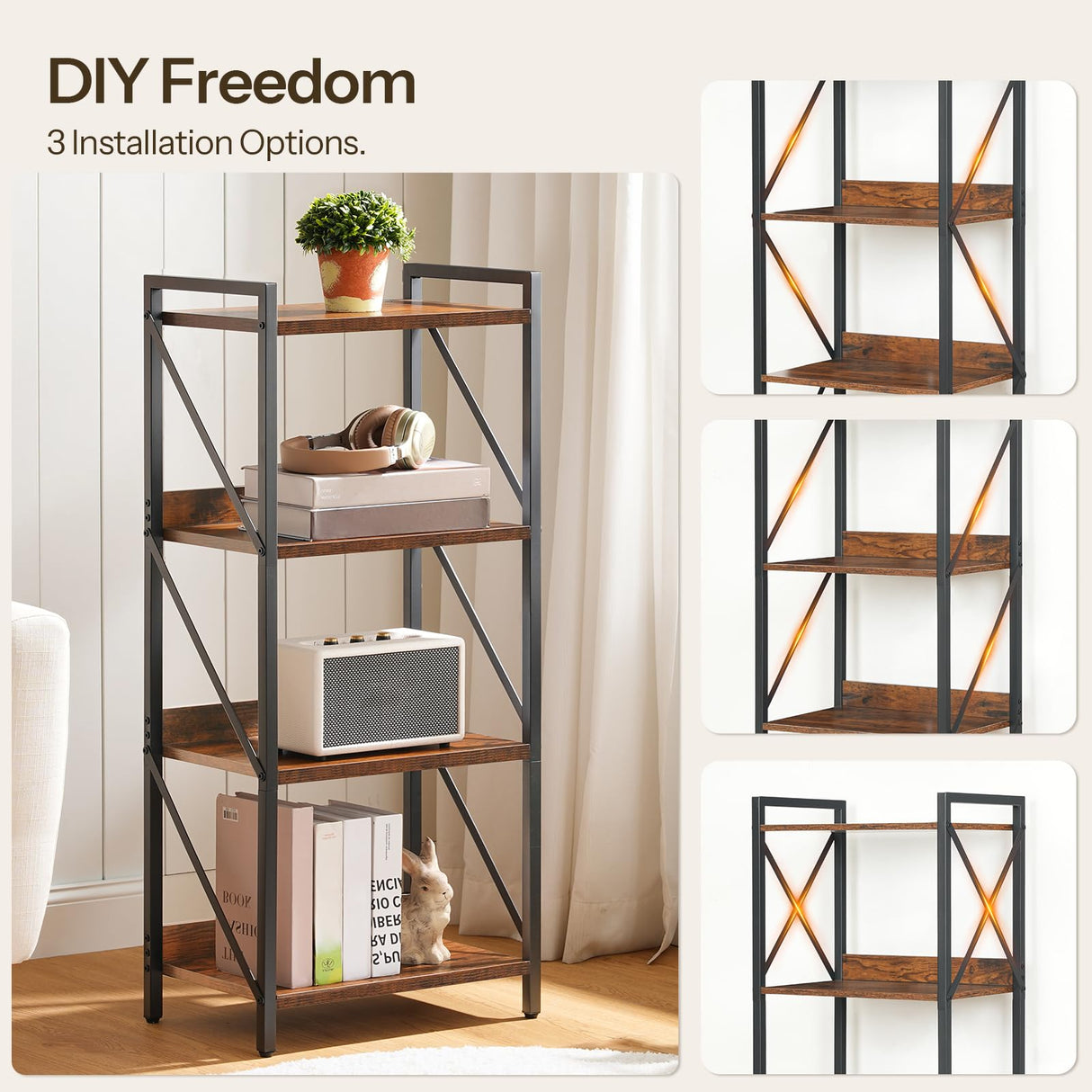 HOOBRO Bookshelf, 4-Tier Industrial Bookcase, Book Shelf Storage Organizer, Small Bookshelf with Metal Frame for Living Room, Bedroom, Home Office, Kitchen, Rustic Brown and Black BF40SJ01 HOOBRO
